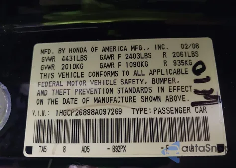 2008 Honda Accord 2.4 Ex-L from USA, damaged, VIN 1HGCP26898A097269